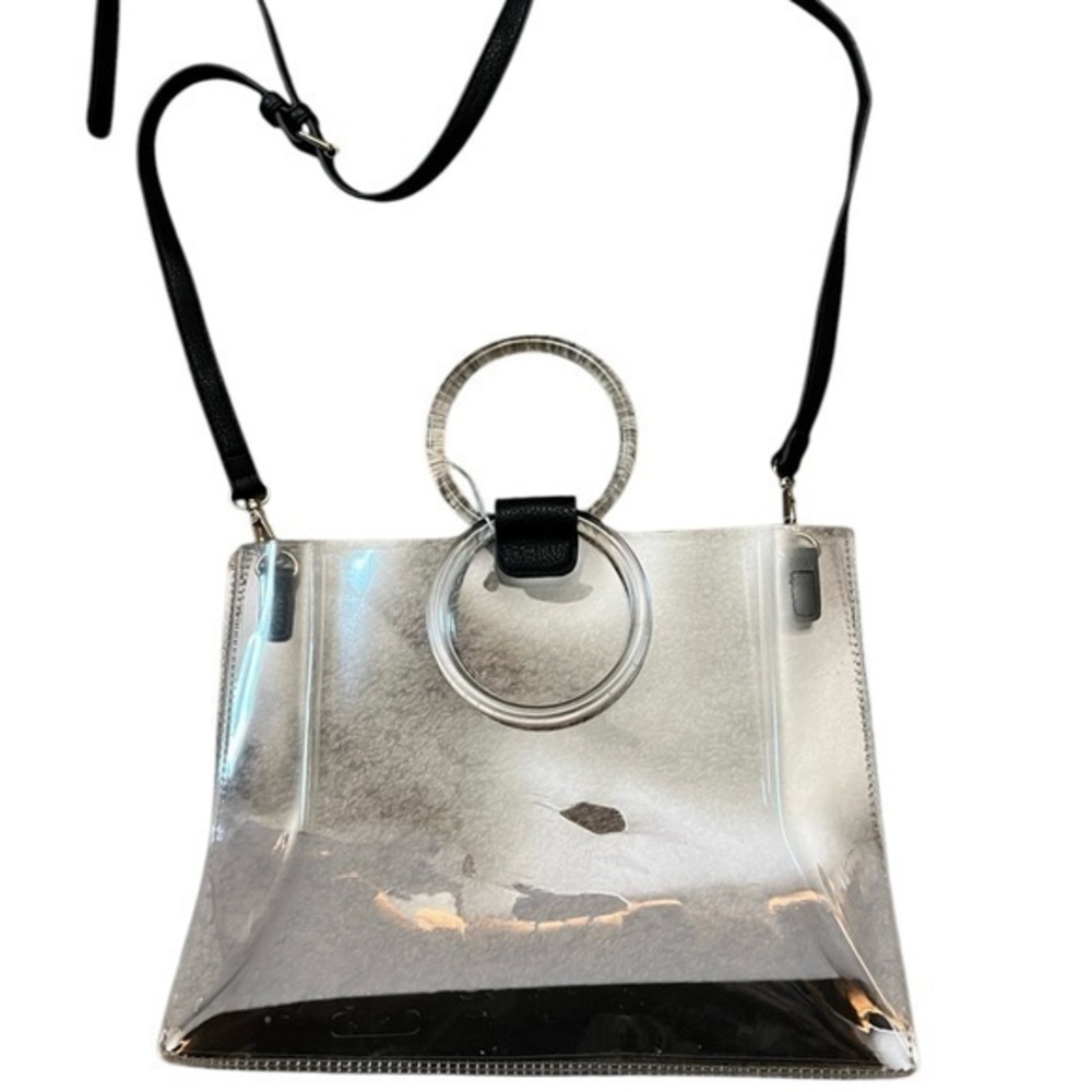 BEST OF EVERYTHING Small Thick Clear Tote Bag w/ Ring Handles & Black Strap